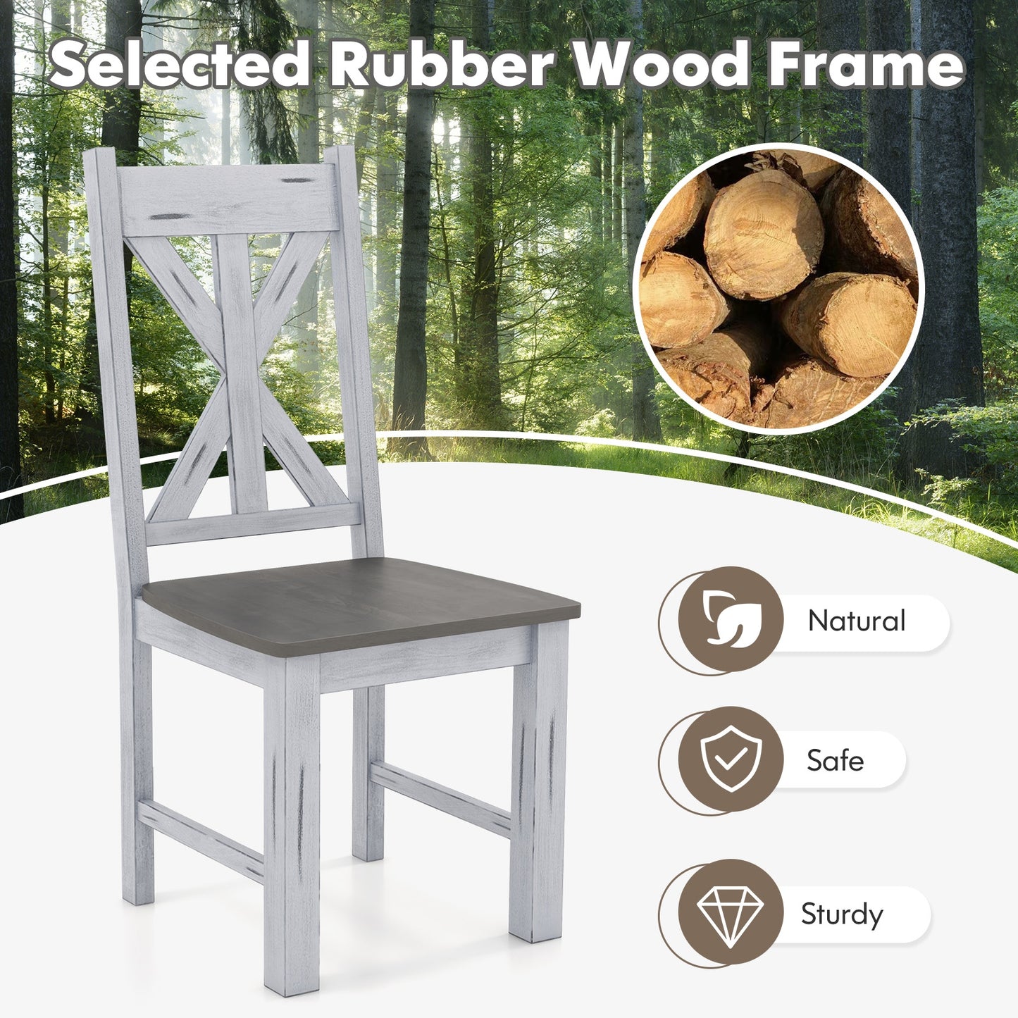 Farmhouse Chair Set of 2 with Rubber Wood Frame and Elegant Hollowed Backrest, Gray Dining Chairs at Gallery Canada