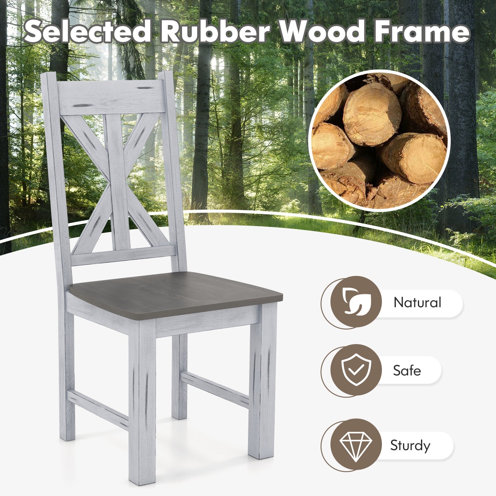 Farmhouse Chair Set of 2 with Rubber Wood Frame and Elegant Hollowed Backrest, Gray Dining Chairs at Gallery Canada