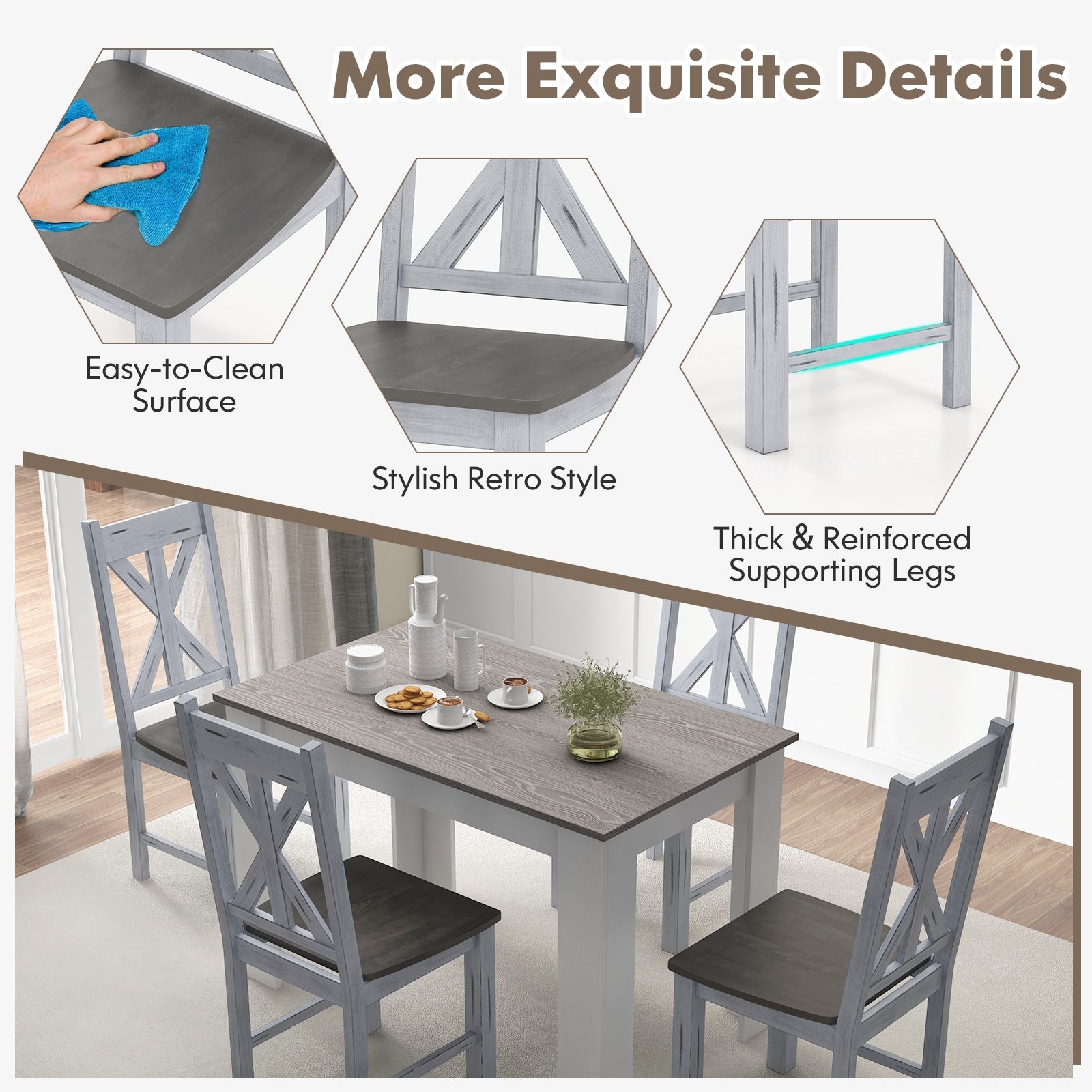 Farmhouse Chair Set of 2 with Rubber Wood Frame and Elegant Hollowed Backrest, Gray Dining Chairs at Gallery Canada