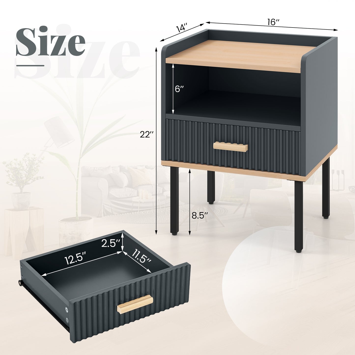 Nightstand Bedside End Table with Drawer and Shelf for Living Room Bedroom-Set of 2, Gray Nightstands at Gallery Canada