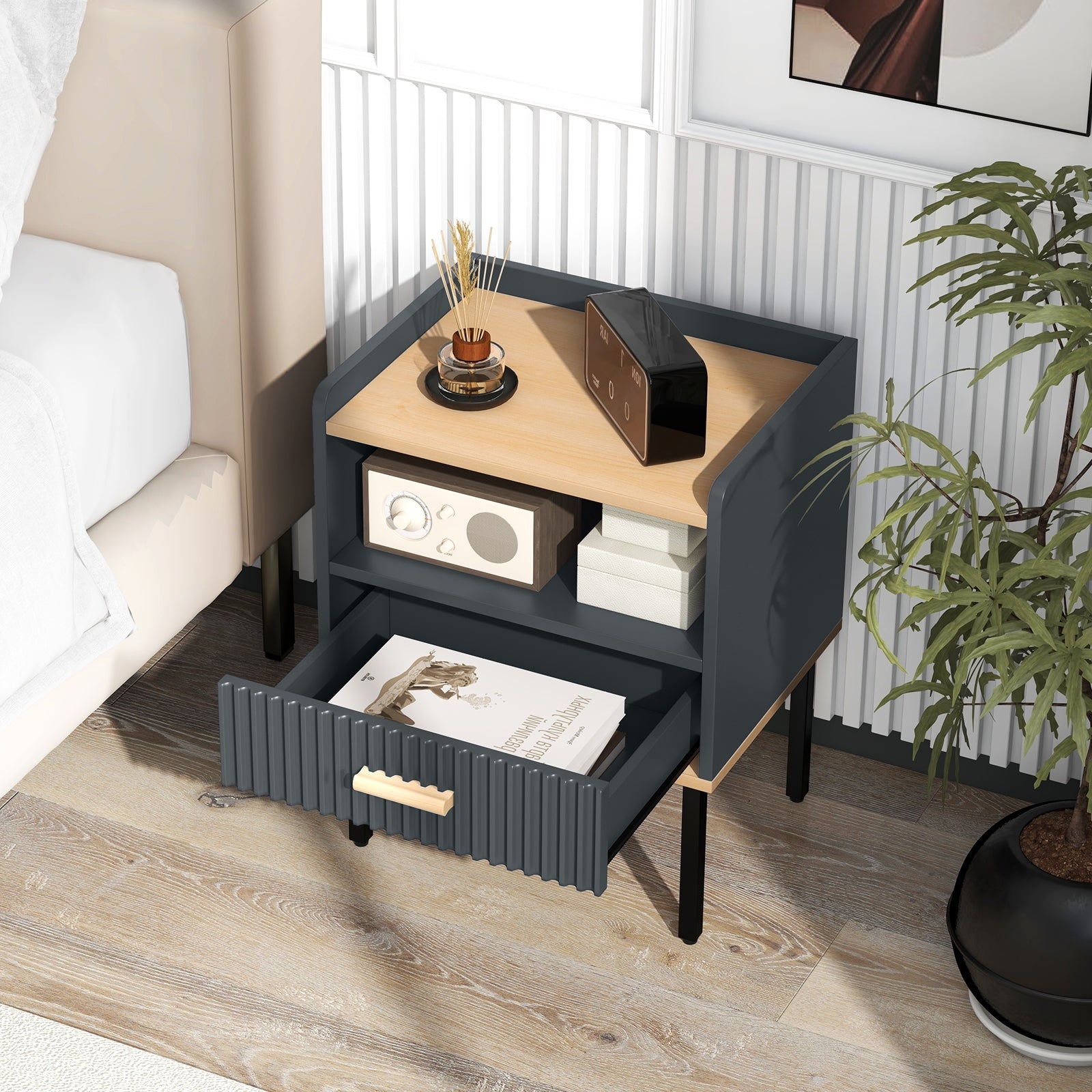 Nightstand Bedside End Table with Drawer and Shelf for Living Room Bedroom-Set of 2, Gray Nightstands at Gallery Canada