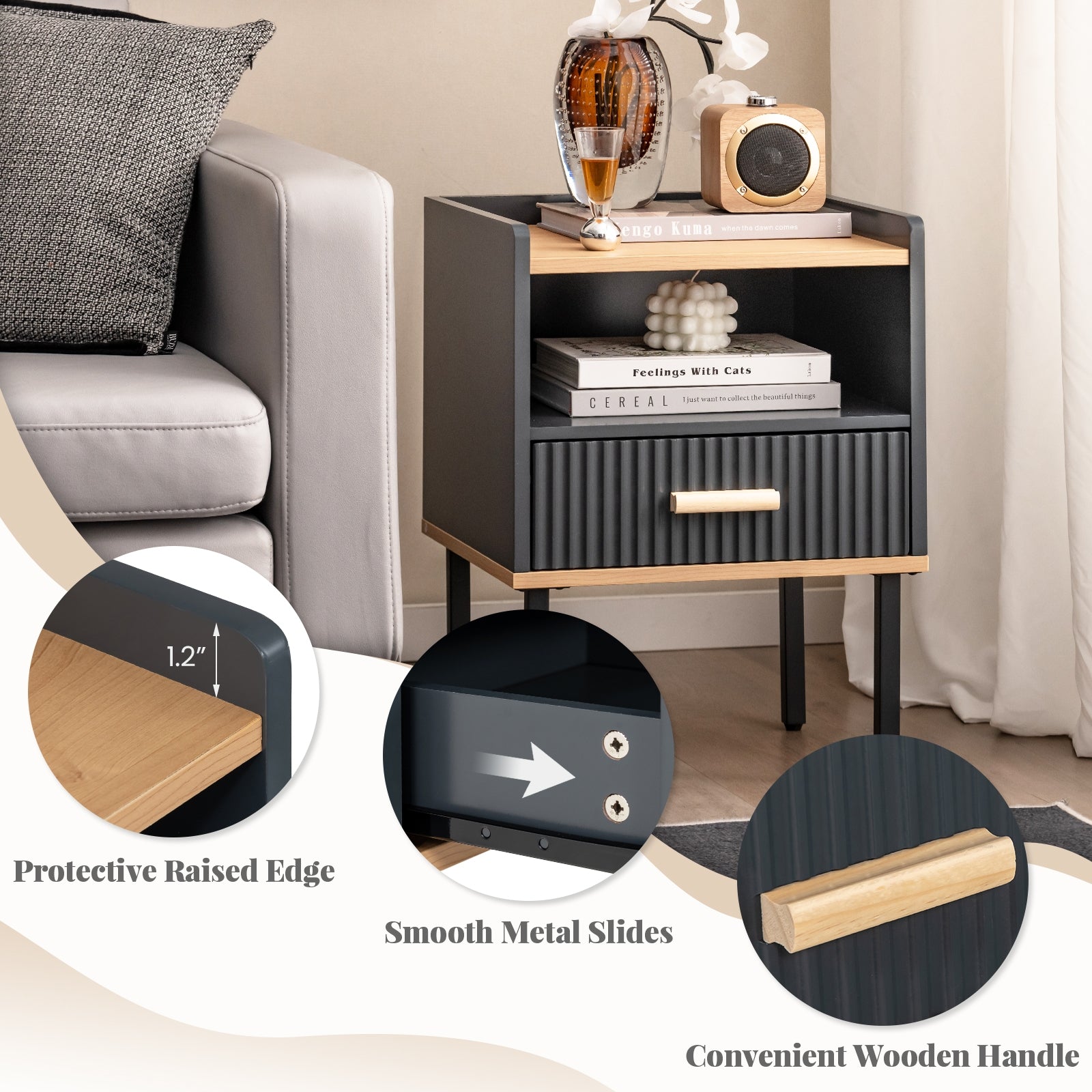 Nightstand Bedside End Table with Drawer and Shelf for Living Room Bedroom-Set of 2, Gray Nightstands at Gallery Canada