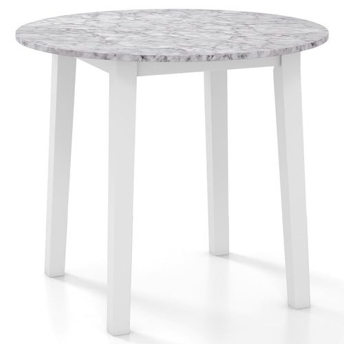 35 Inch Round Dining Table, Rubber Wood Legs, Marble Veneer, White