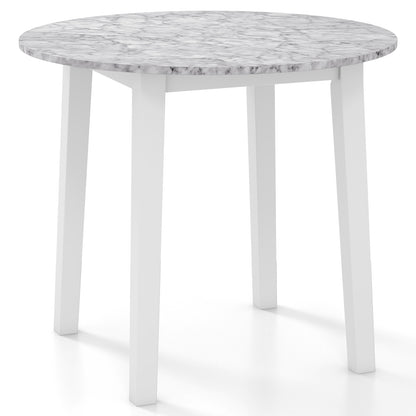 Table à manger ronde de 35 pouces, pieds en bois d'hévéa, placage de marbre, blanc