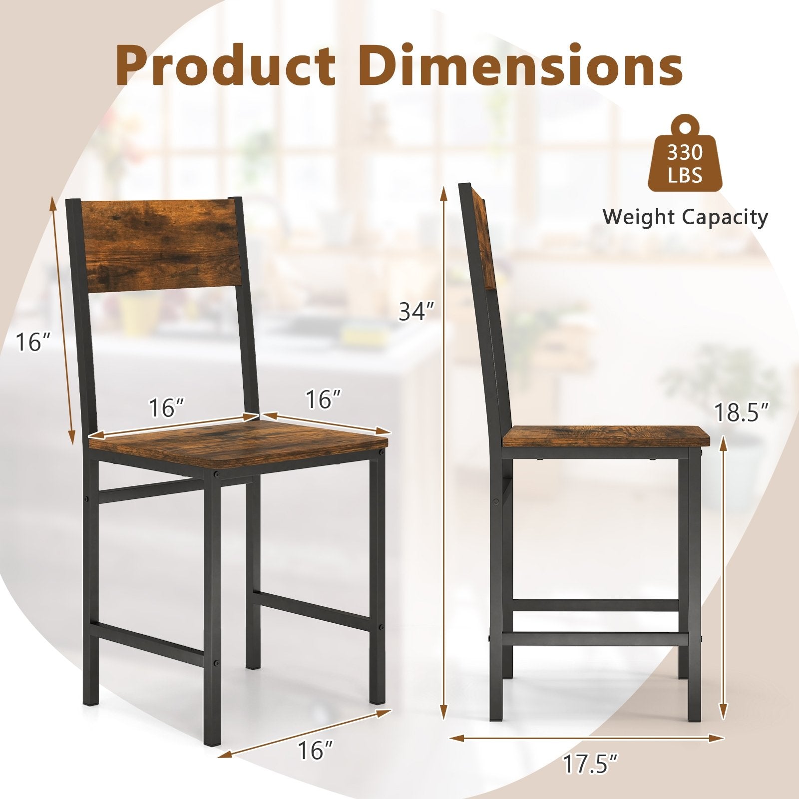 Industrial Kitchen Side Chairs Set of 2 with Metal Legs and Slanted Back, Rustic Brown Dining Chairs at Gallery Canada