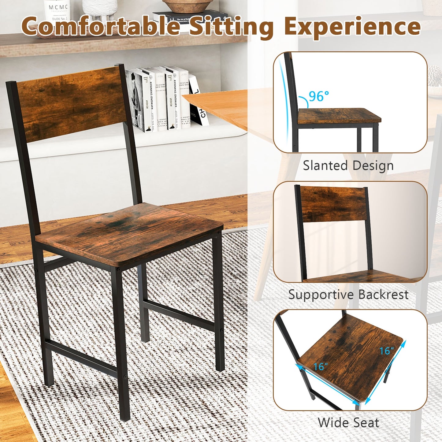 Industrial Kitchen Side Chairs Set of 2 with Metal Legs and Slanted Back, Rustic Brown Dining Chairs at Gallery Canada