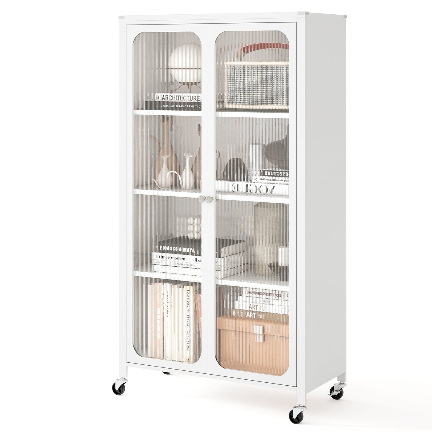 58 Inches Bookcase, Adjustable Shelves, Lockable Wheels, White Bookcases at Gallery Canada