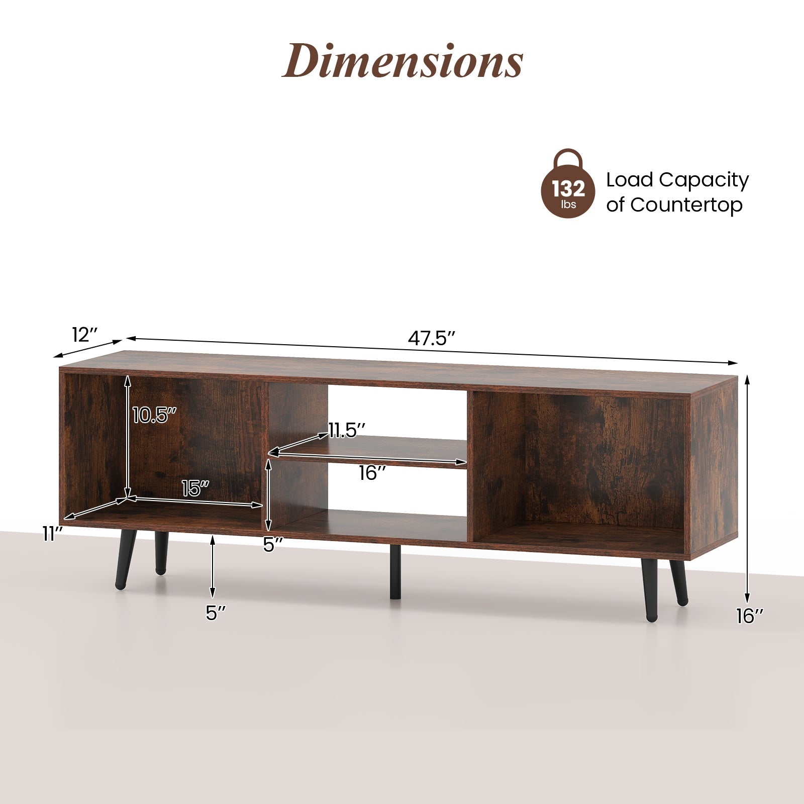 47.5 Inch TV Stand For 55-Inch TV, Metal Legs, Rustic Brown Entertainment Centers & TV Stands at Gallery Canada