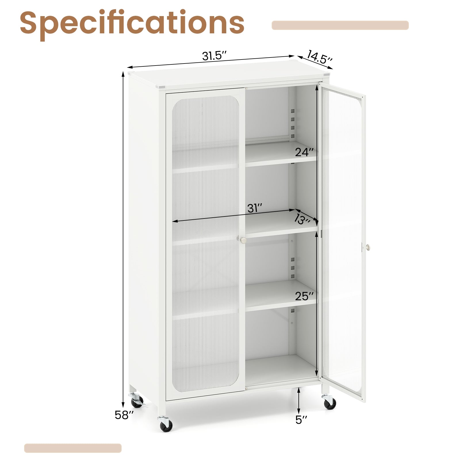 58 Inches Bookcase with Adjustable Shelves and Lockable Wheels, White Bookcases at Gallery Canada
