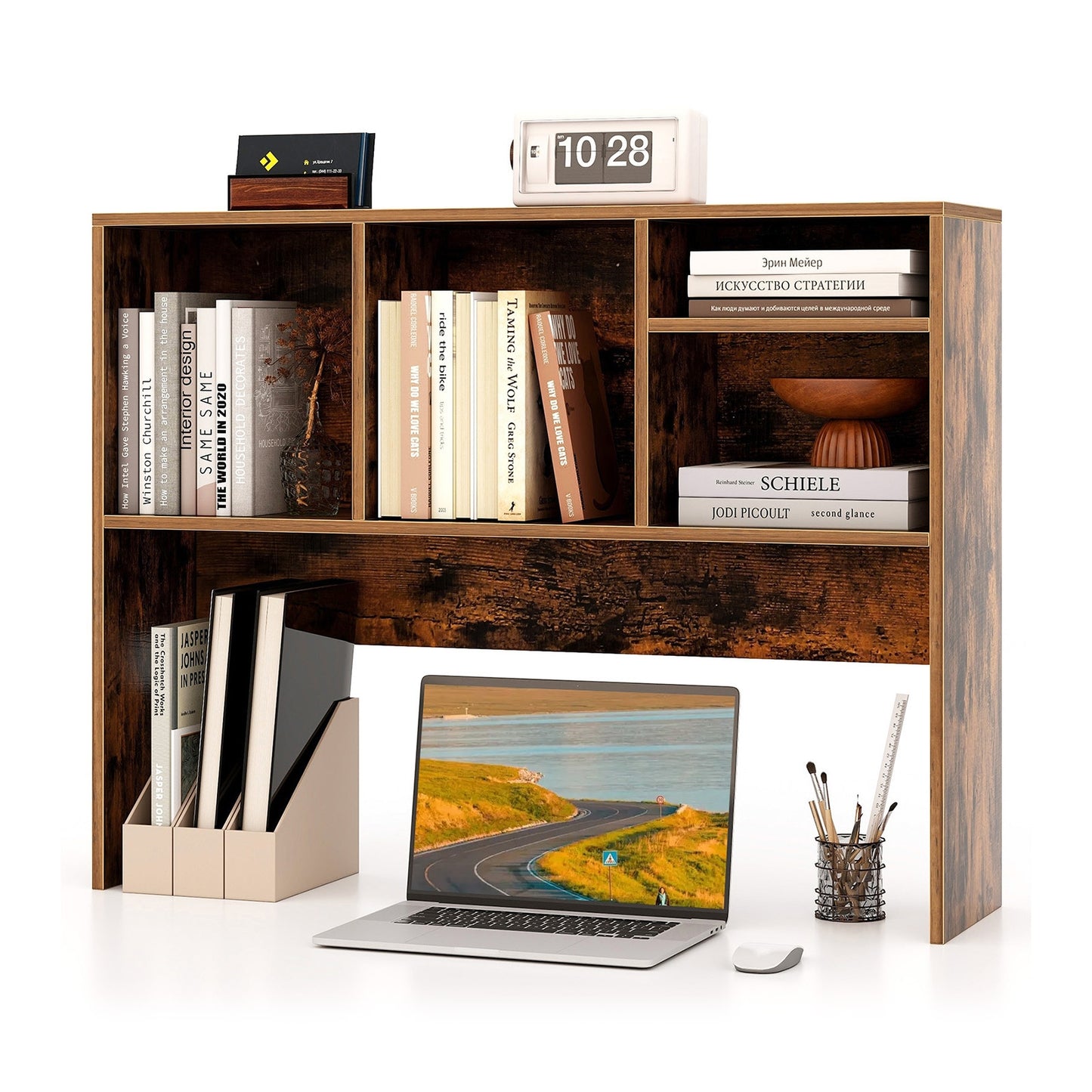 Computer Desktop Bookcase, 4 Cubbies, Open Back Compartment, Coffee Bookcases Coffee at Gallery Canada