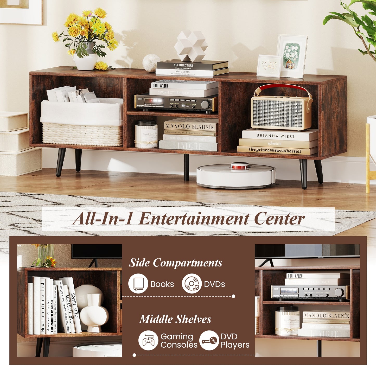47.5 Inch TV Stand For 55-Inch TV, Metal Legs, Rustic Brown Entertainment Centers & TV Stands at Gallery Canada