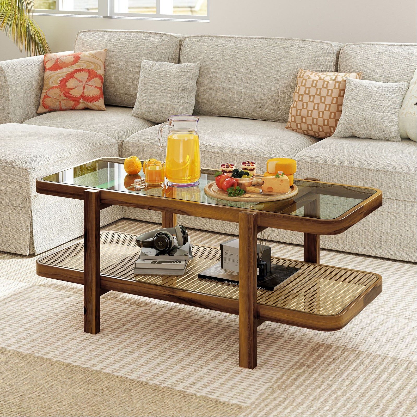 2-Tier Coffee Table with Storage and Tempered Glass Tabletop, Brown Coffee Tables at Gallery Canada