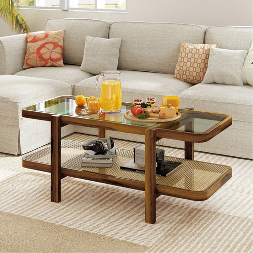 2-Tier Coffee Table with Storage and Tempered Glass Tabletop, Brown