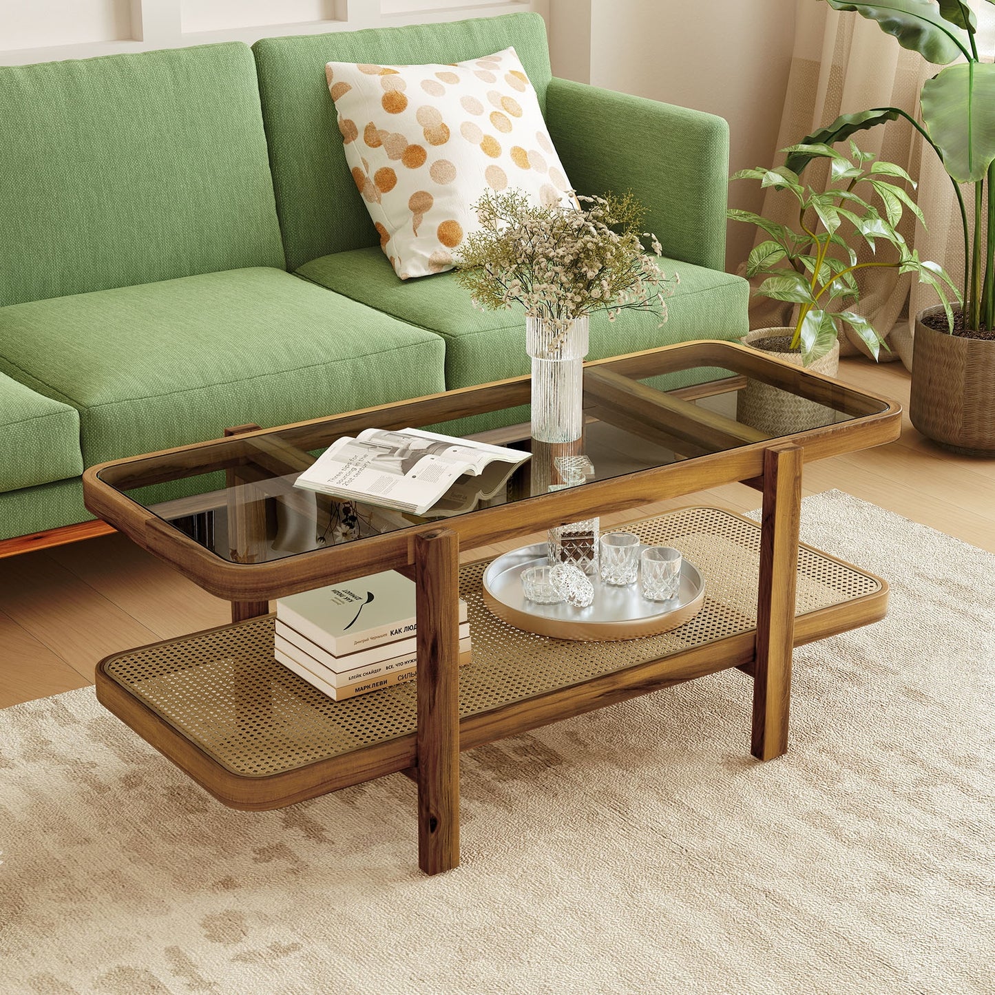2-Tier Coffee Table with Storage and Tempered Glass Tabletop, Brown Coffee Tables at Gallery Canada