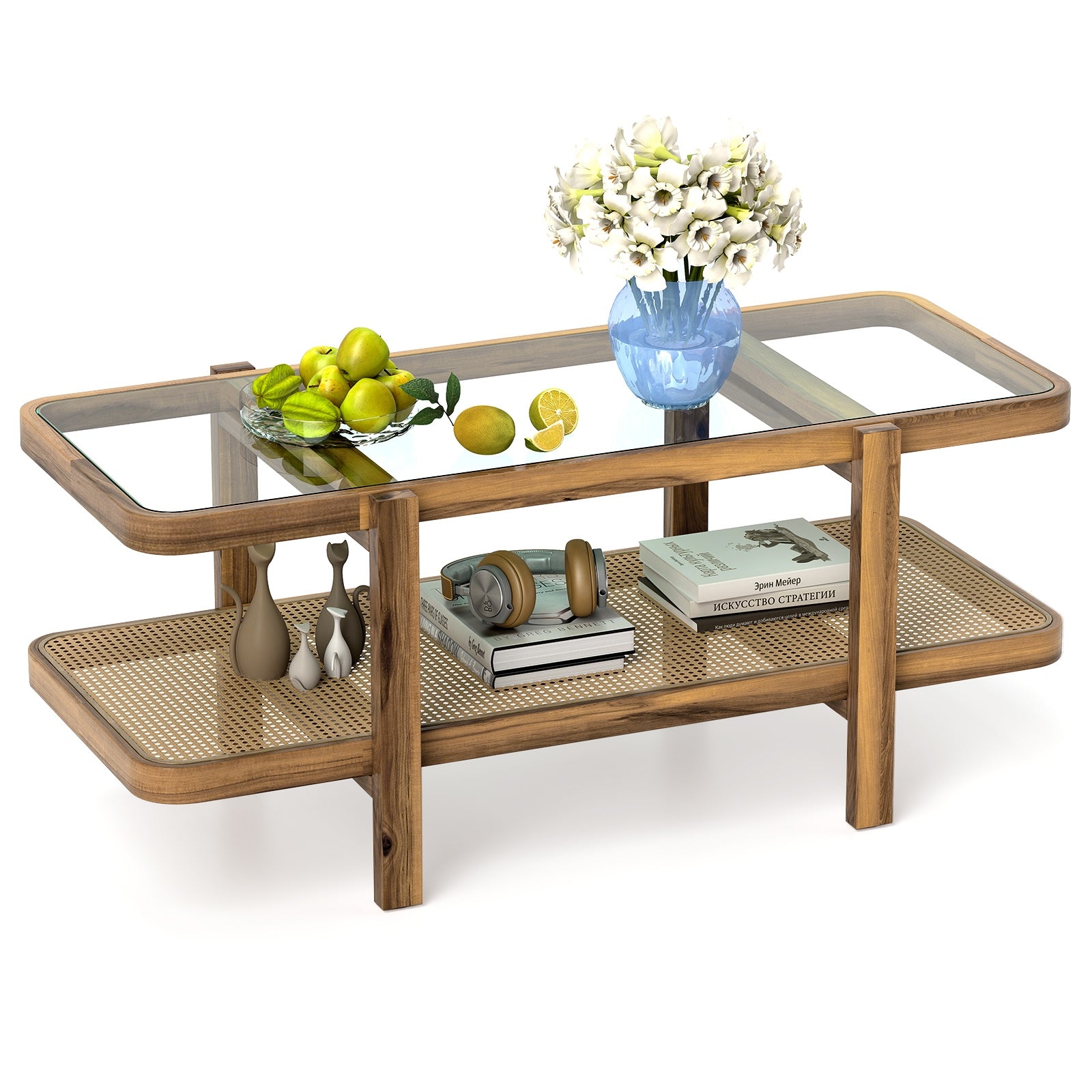 2-Tier Coffee Table with Storage and Tempered Glass Tabletop, Brown Coffee Tables at Gallery Canada