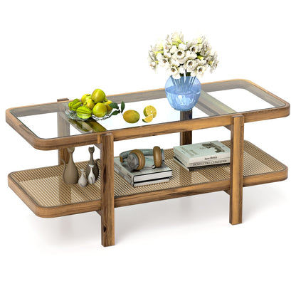 2-Tier Coffee Table with Storage and Tempered Glass Tabletop, Brown Coffee Tables at Gallery Canada