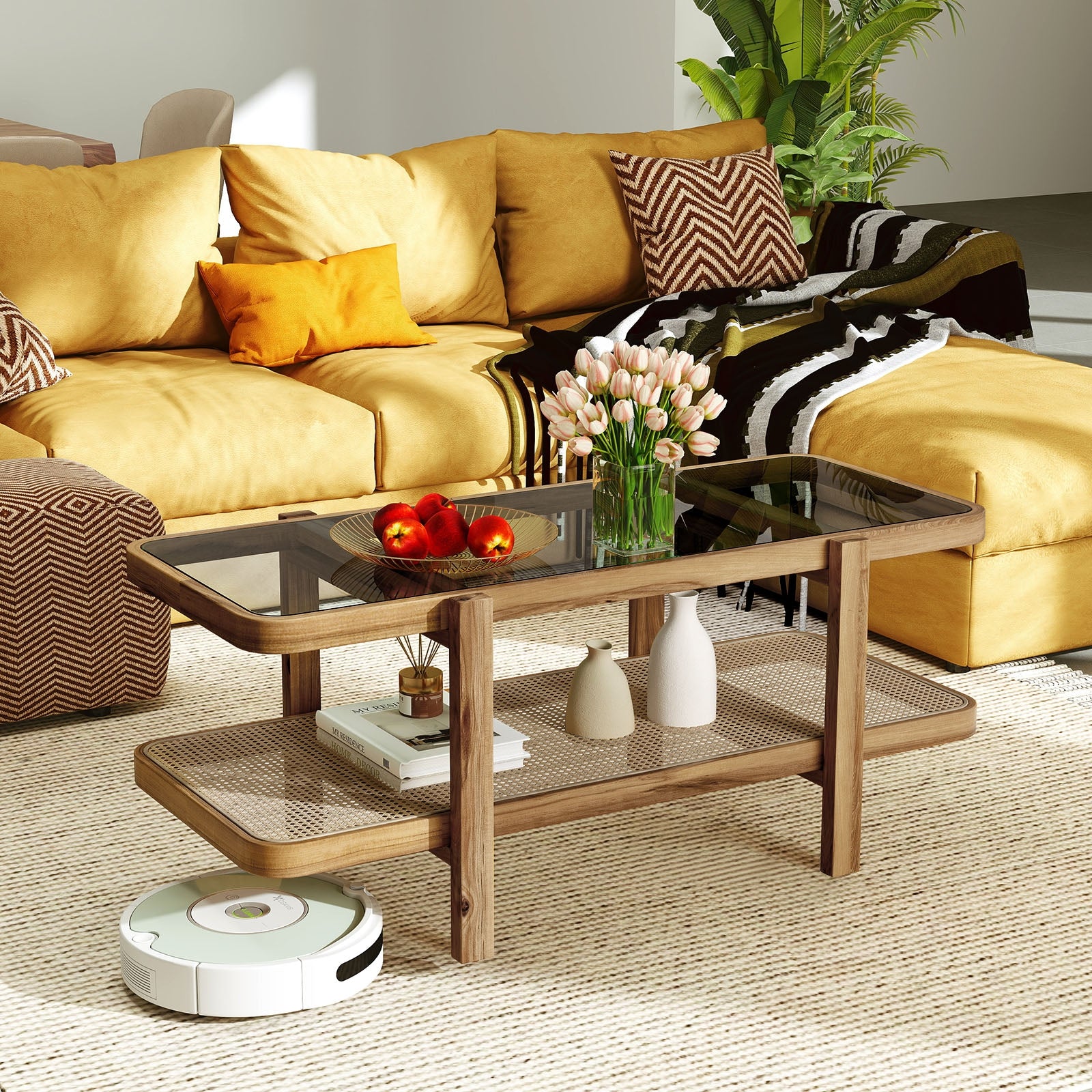 2-Tier Coffee Table with Storage and Tempered Glass Tabletop, Brown Coffee Tables at Gallery Canada