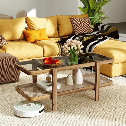 2-Tier Coffee Table with Storage and Tempered Glass Tabletop, Brown Coffee Tables at Gallery Canada