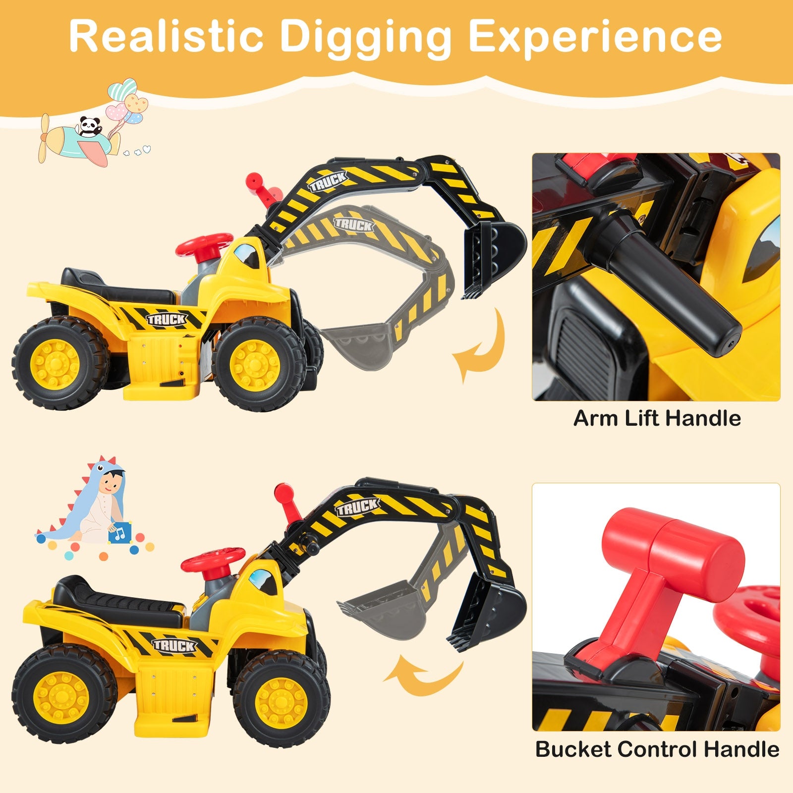 6V Kids Ride On Excavator Fun Digger with Folding Basketball Hoop, Yellow Powered Ride On Toys at Gallery Canada