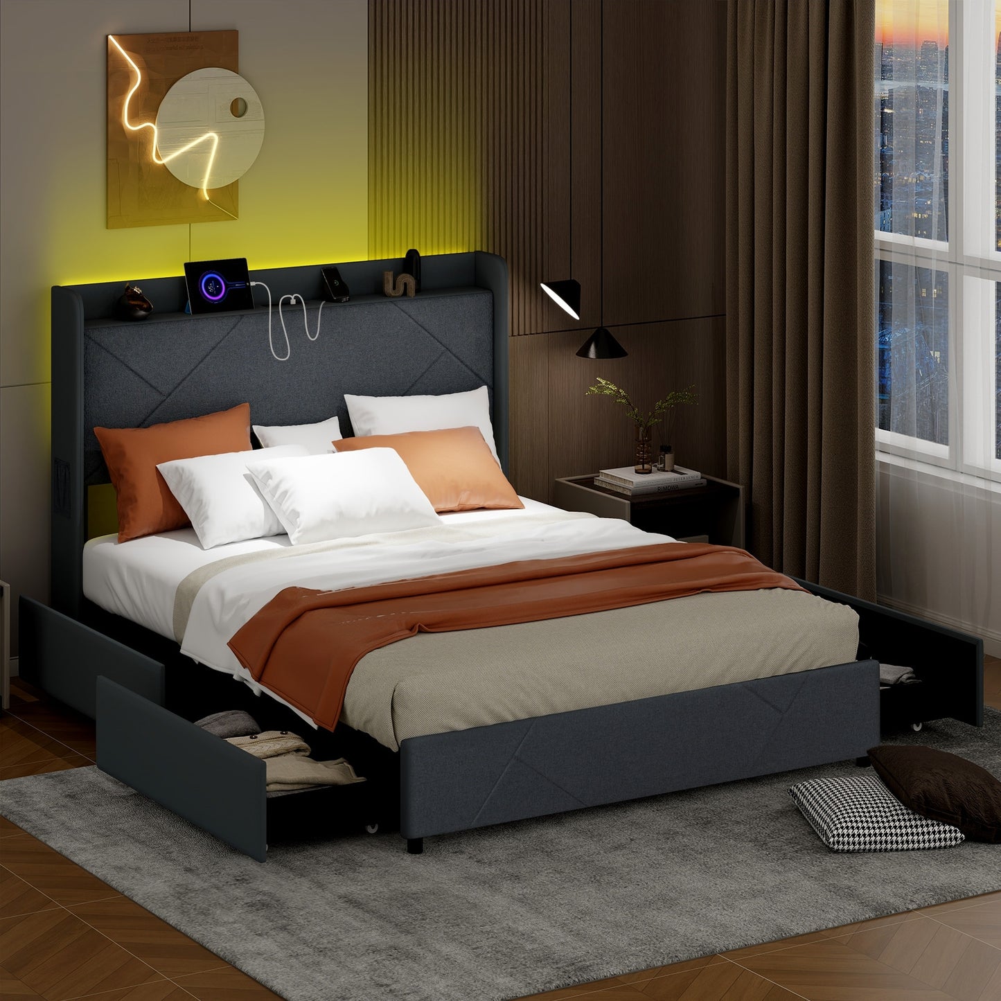 Full/Queen Size Bed Frame with LED Lights and Charging Station-Queen Size, Gray Simple Bed Frame at Gallery Canada
