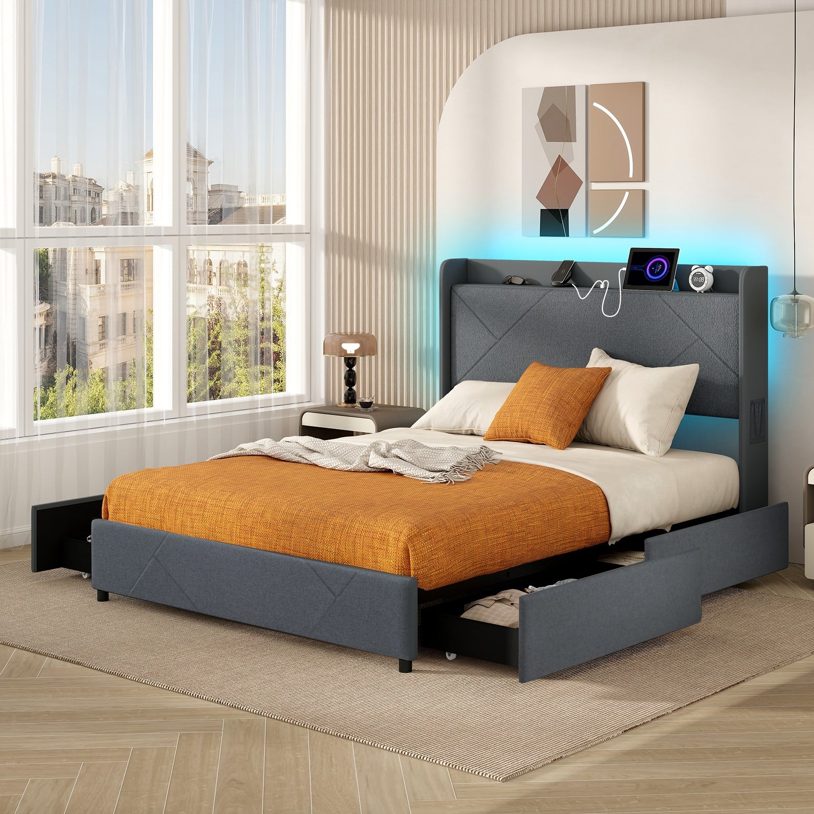 Full/Queen Size Bed Frame with LED Lights and Charging Station-Queen Size, Gray Simple Bed Frame at Gallery Canada
