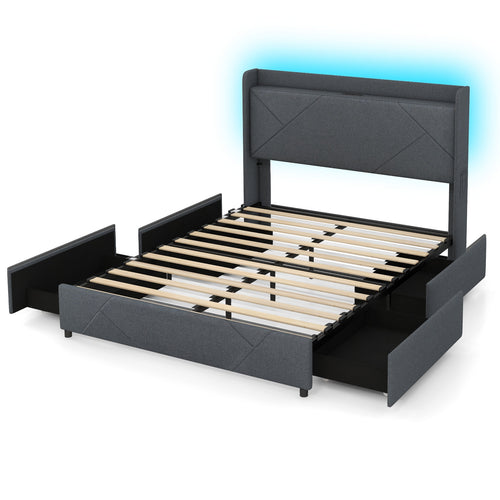 Queen Size Bed Frame With LED Lights, Charging Station, Gray