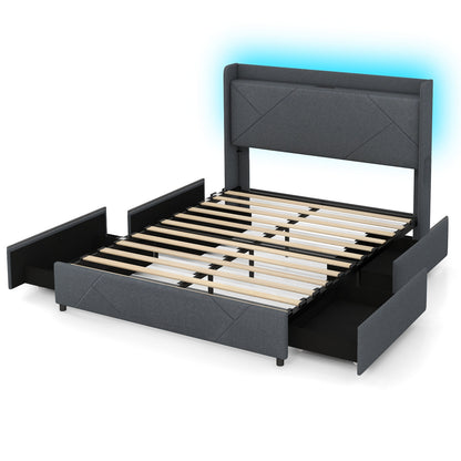 Queen Size Bed Frame With LED Lights, Charging Station, Gray Simple Bed Frame at Gallery Canada