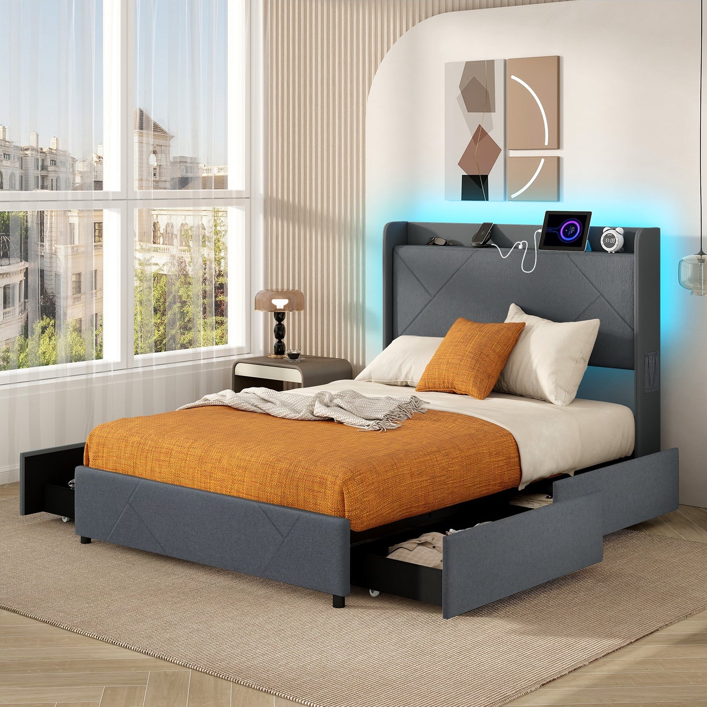 Full/Queen Size Bed Frame with LED Lights and Charging Station-Full Size, Gray Simple Bed Frame at Gallery Canada