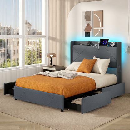 Full/Queen Size Bed Frame with LED Lights and Charging Station-Full Size, Gray Simple Bed Frame at Gallery Canada