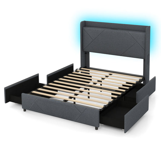 Full Size Bed Frame With LED Lights, Charging Station, Gray Simple Bed Frame Gray at Gallery Canada