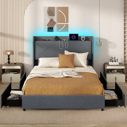 Full/Queen Size Bed Frame with LED Lights and Charging Station-Queen Size, Gray Simple Bed Frame at Gallery Canada