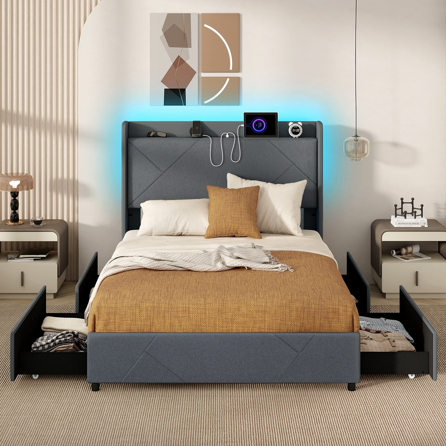 Full/Queen Size Bed Frame with LED Lights and Charging Station-Full Size, Gray Simple Bed Frame at Gallery Canada