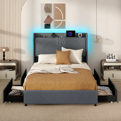 Full/Queen Size Bed Frame with LED Lights and Charging Station-Full Size, Gray Simple Bed Frame at Gallery Canada