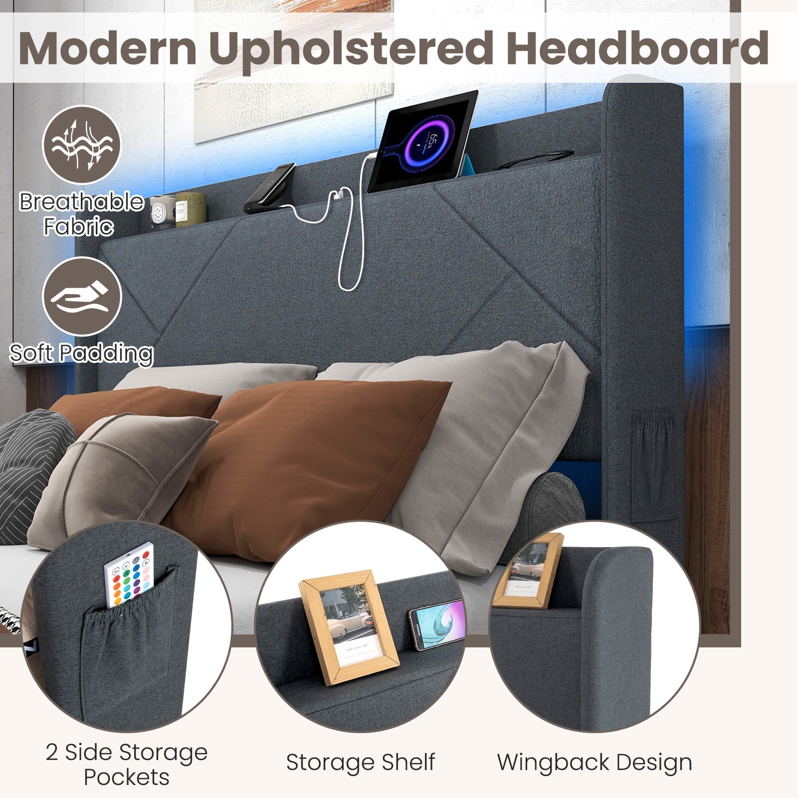 Full/Queen Size Bed Frame with LED Lights and Charging Station-Queen Size, Gray Simple Bed Frame at Gallery Canada