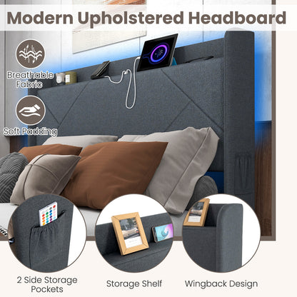 Full/Queen Size Bed Frame with LED Lights and Charging Station-Queen Size, Gray Simple Bed Frame at Gallery Canada