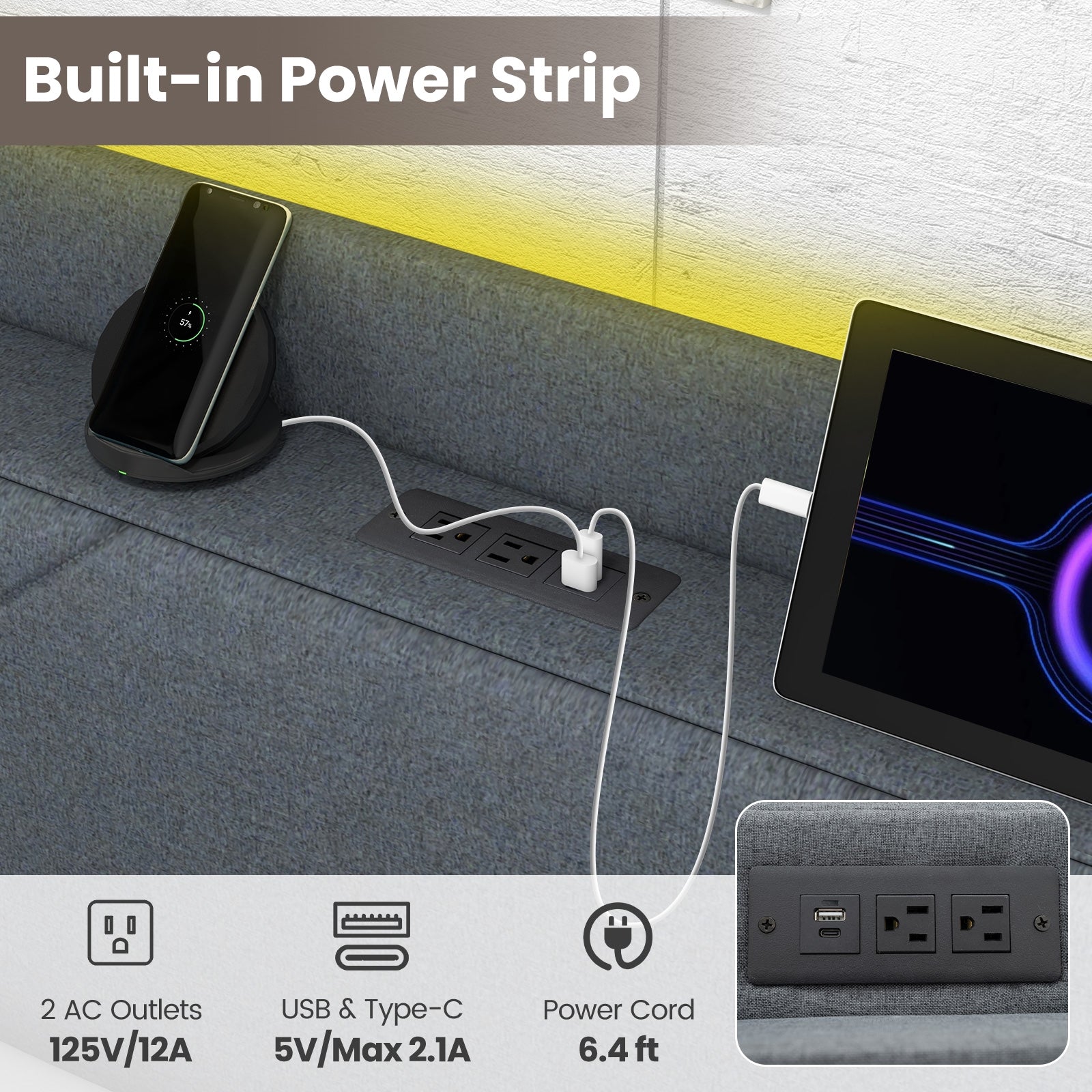 Full/Queen Size Bed Frame with LED Lights and Charging Station-Full Size, Gray Simple Bed Frame at Gallery Canada