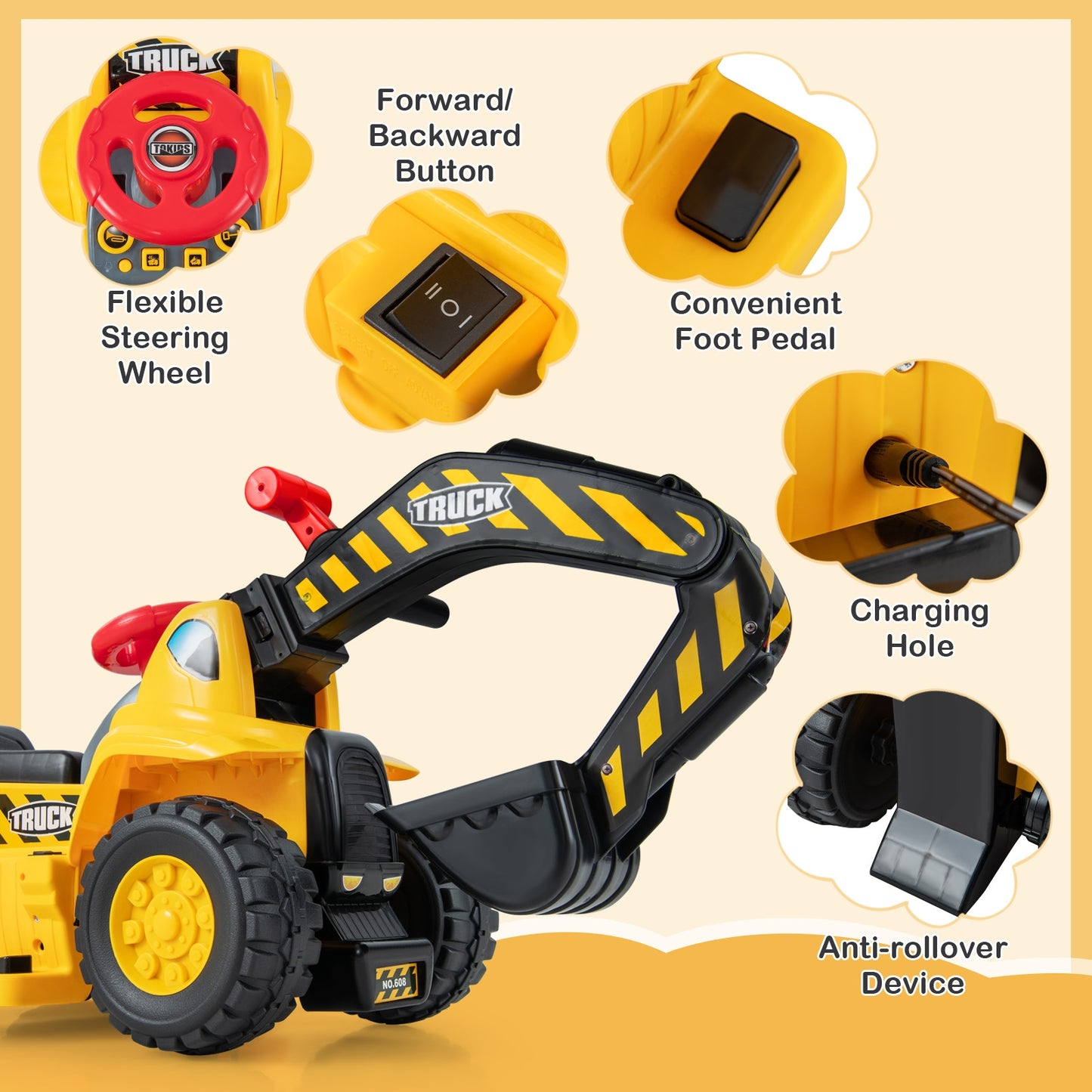 6V Kids Ride On Excavator Fun Digger with Folding Basketball Hoop, Yellow Powered Ride On Toys at Gallery Canada
