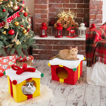 2 Gift Box Shaped Cute Christmas Cat House with Bow, Multicolor Cat Houses at Gallery Canada