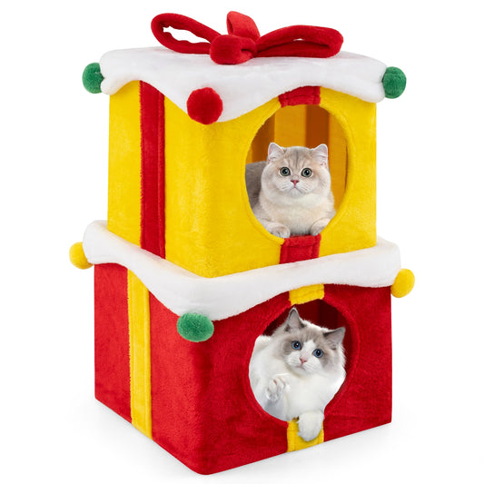 Maison pour chat de Noël en forme de boîte cadeau, multicolore