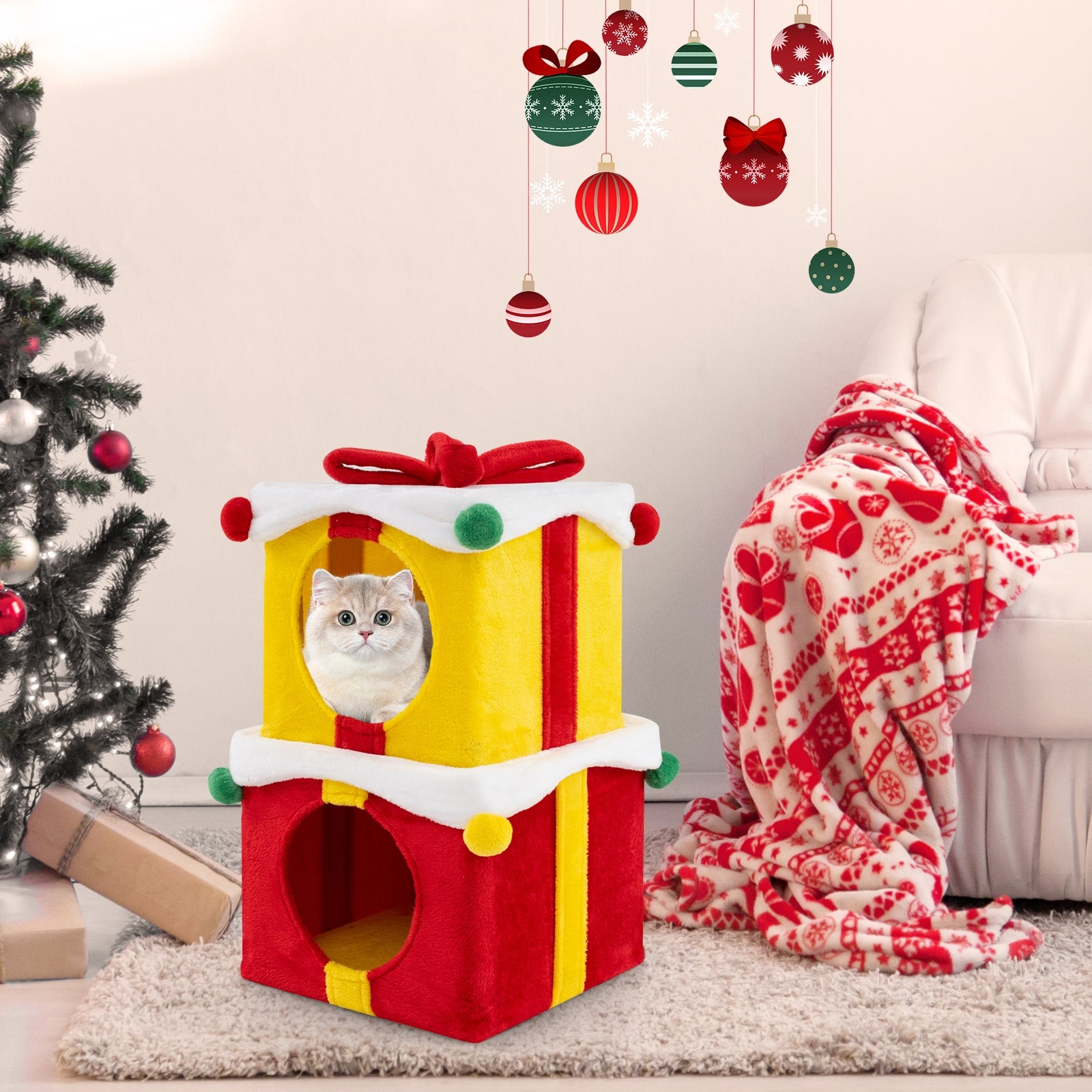 2 Gift Box Shaped Cute Christmas Cat House with Bow, Multicolor Cat Houses at Gallery Canada
