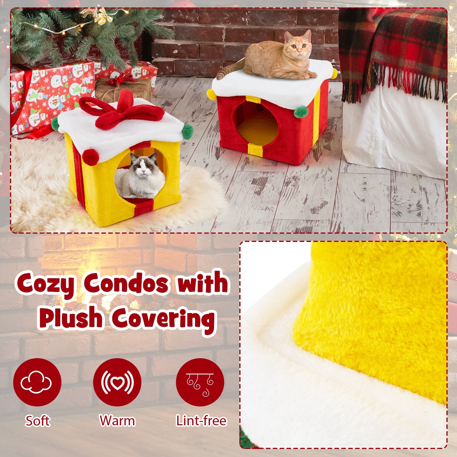 2 Gift Box Shaped Cute Christmas Cat House with Bow, Multicolor Cat Houses at Gallery Canada