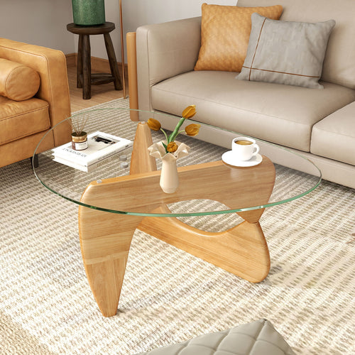 Triangle Coffee Table with Tempered Glass Top and Adjustable Rubber Wood Base, Natural