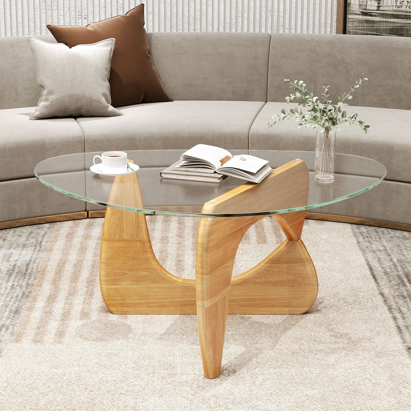Triangle Coffee Table with Tempered Glass Top and Adjustable Rubber Wood Base, Natural Coffee Tables at Gallery Canada