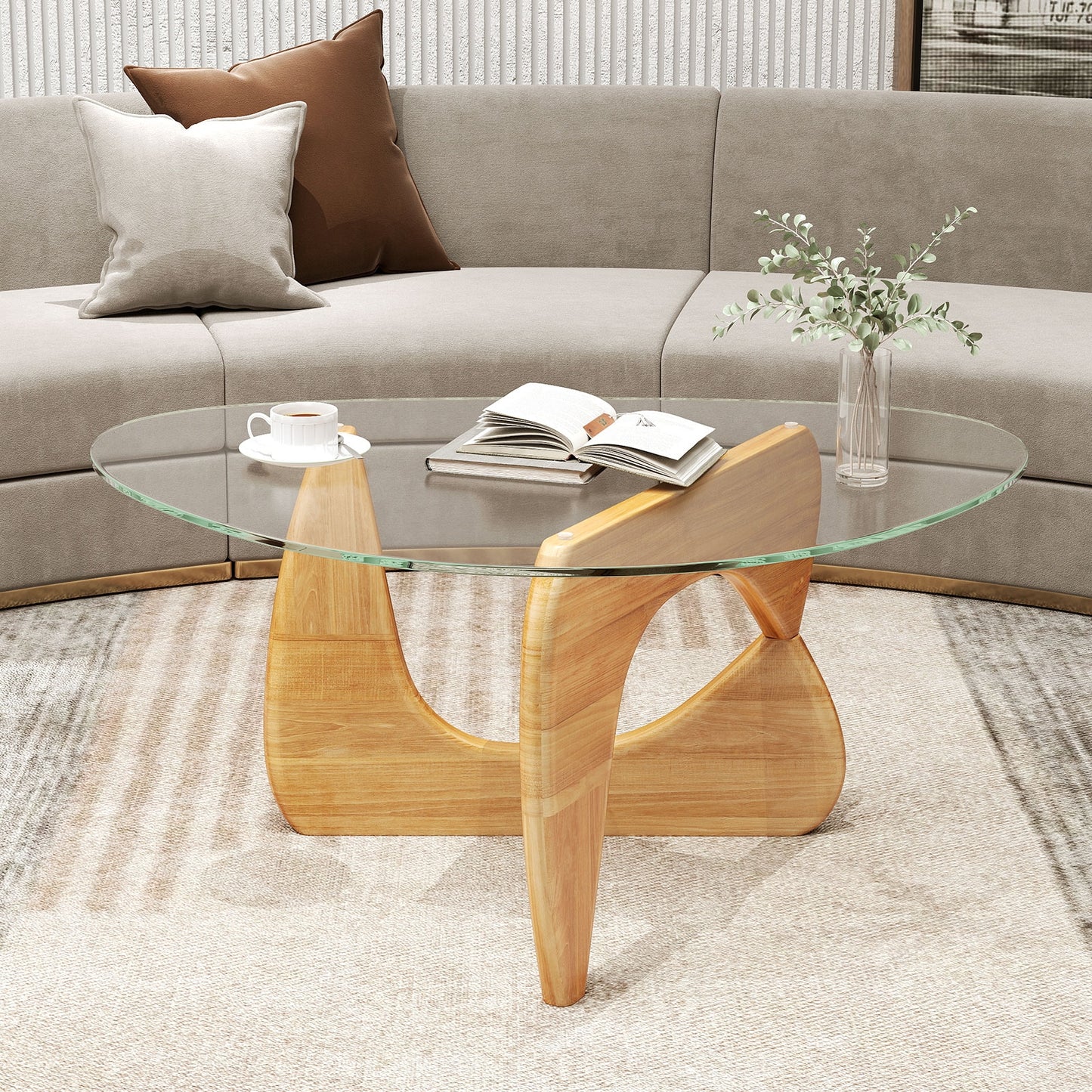 Triangle Coffee Table with Tempered Glass Top and Adjustable Rubber Wood Base, Natural Coffee Tables at Gallery Canada