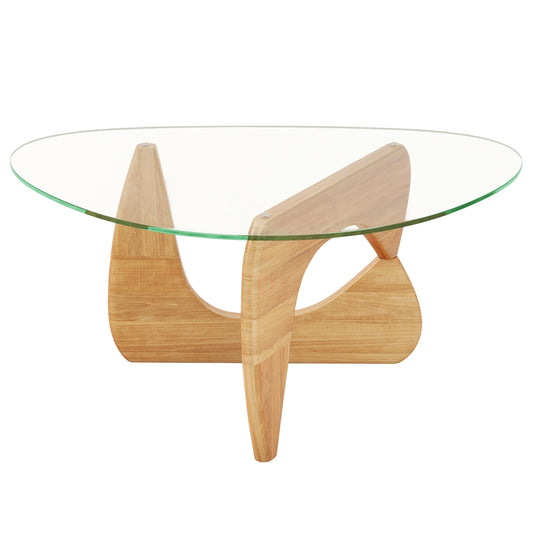 Triangle Coffee Table with Tempered Glass Top and Adjustable Rubber Wood Base, Natural Coffee Tables Natural at Gallery Canada