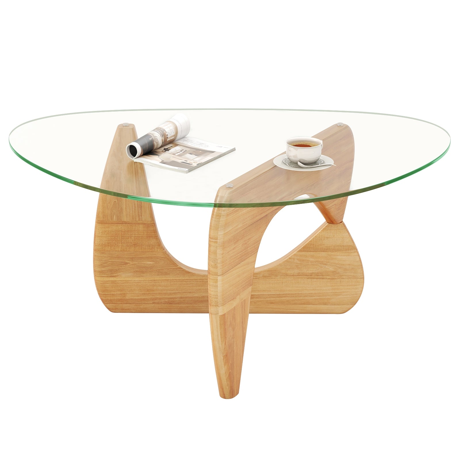 Triangle Coffee Table with Tempered Glass Top and Adjustable Rubber Wood Base, Natural Coffee Tables at Gallery Canada