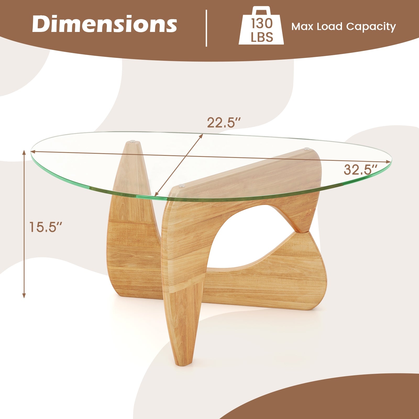 Triangle Coffee Table with Tempered Glass Top and Adjustable Rubber Wood Base, Natural Coffee Tables at Gallery Canada