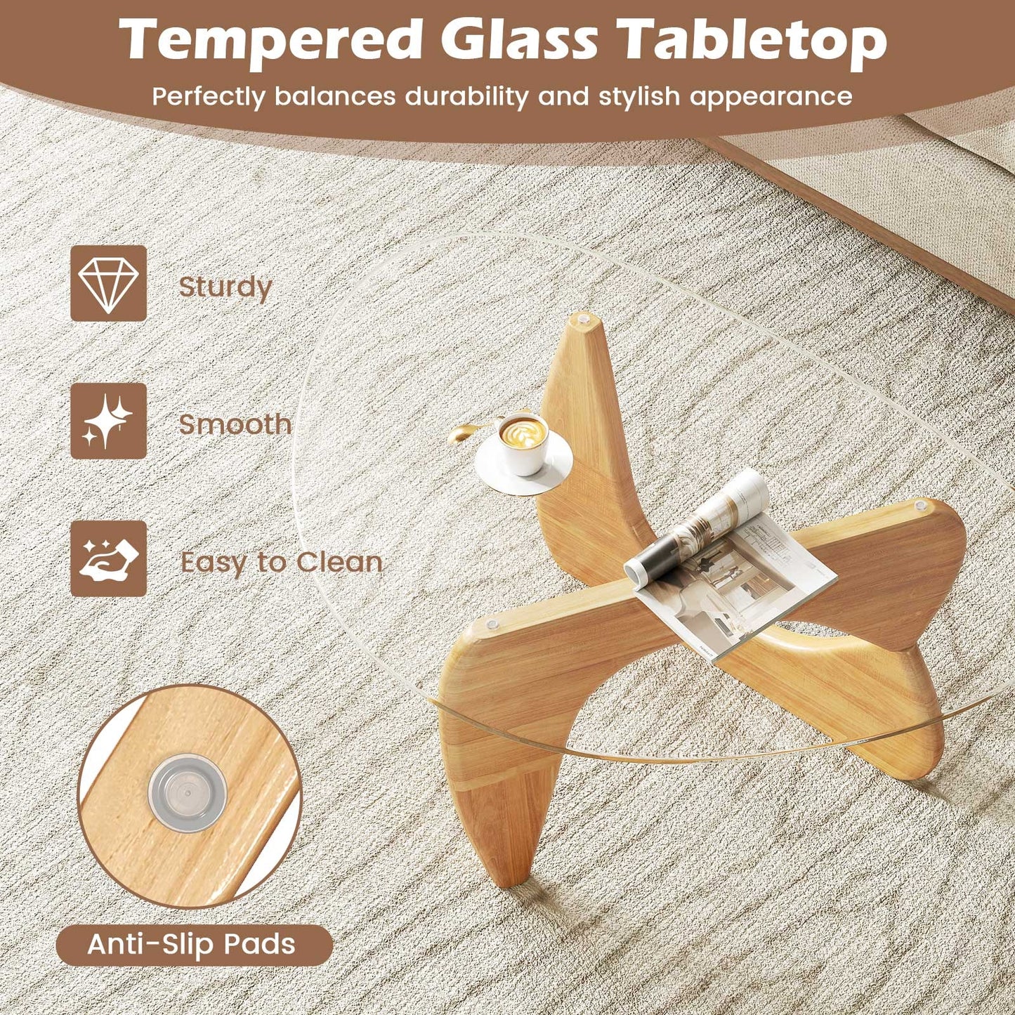Triangle Coffee Table with Tempered Glass Top and Adjustable Rubber Wood Base, Natural Coffee Tables at Gallery Canada