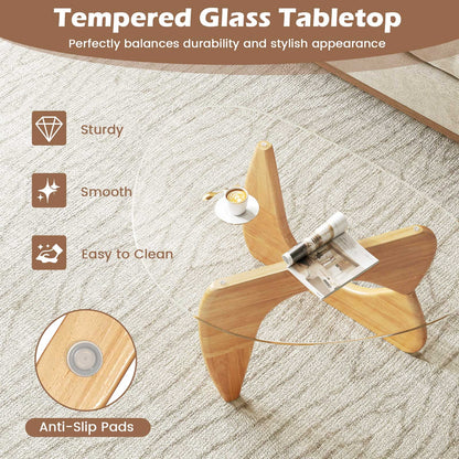Triangle Coffee Table with Tempered Glass Top and Adjustable Rubber Wood Base, Natural Coffee Tables at Gallery Canada