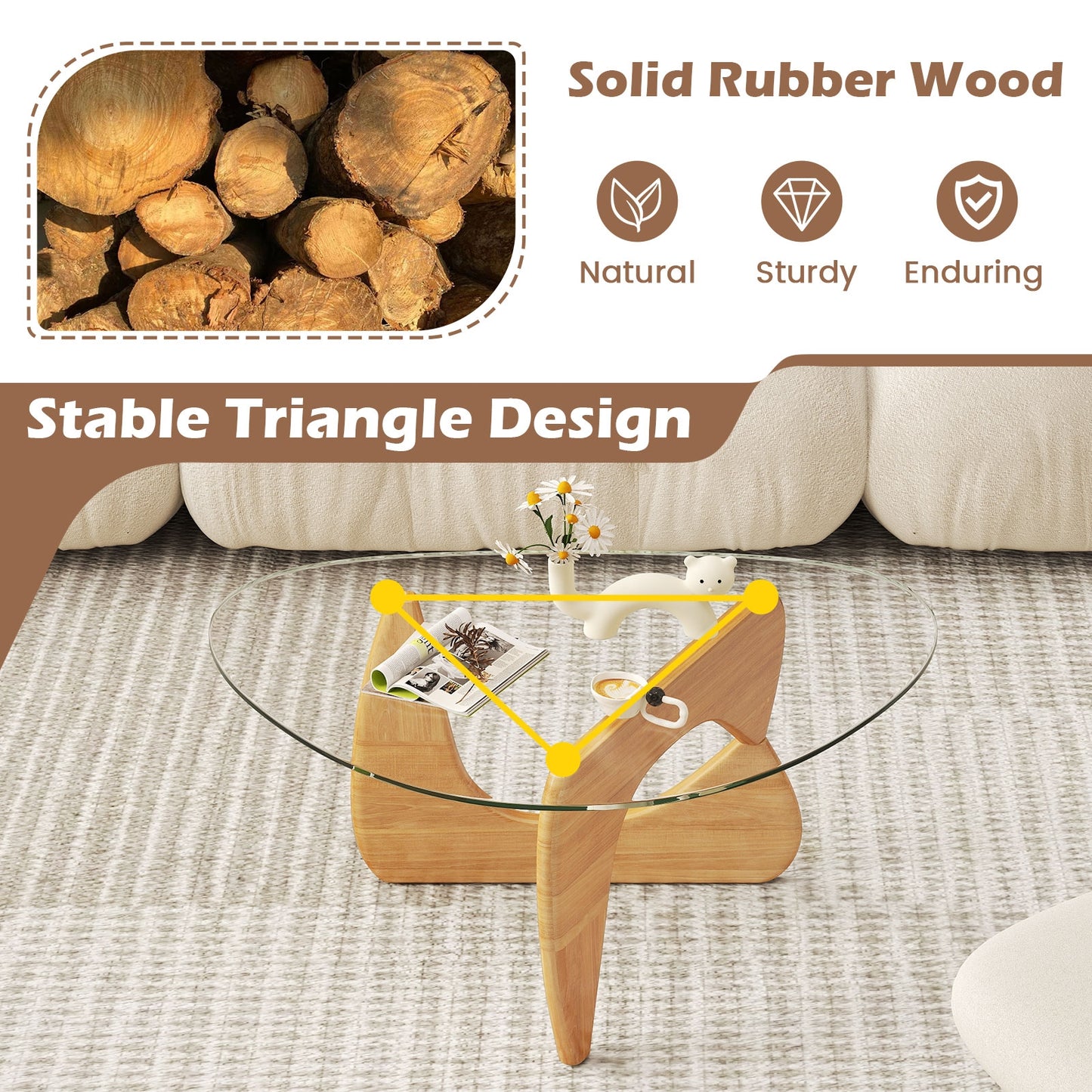 Triangle Coffee Table with Tempered Glass Top and Adjustable Rubber Wood Base, Natural Coffee Tables at Gallery Canada
